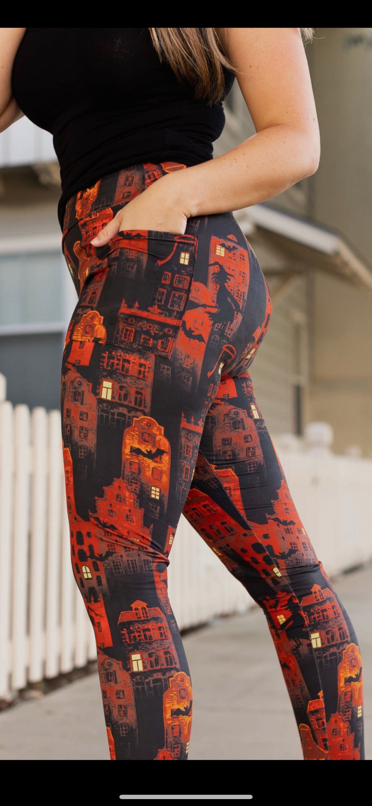 Red Haunted House Halloween Leggings with Pockets